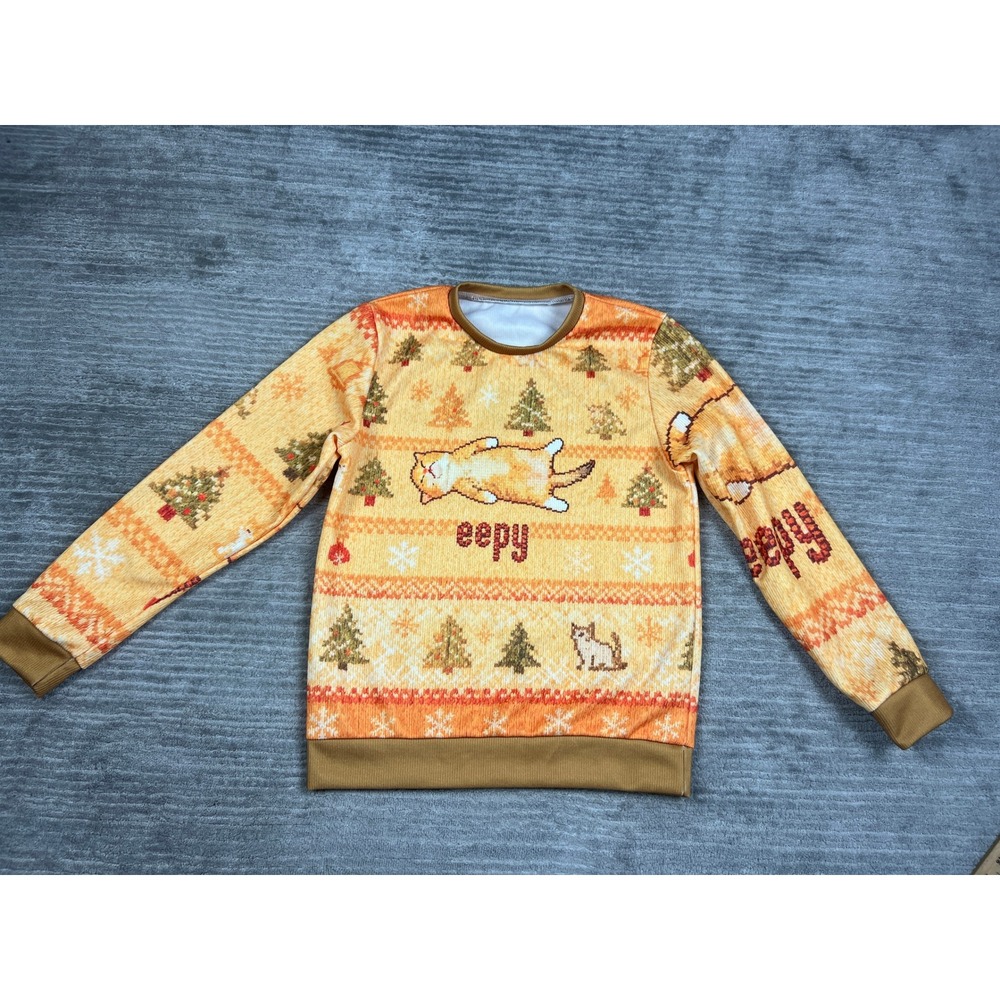 Unbranded Sweatshirt Unisex L Orange Eepy Cat Holiday Fair Isle Graphic Pullover